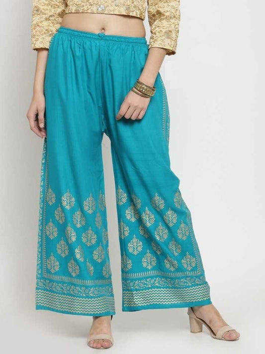 PAVONINE Rama Green Color Block Side Printed Rayon Fabric Sharara For Women