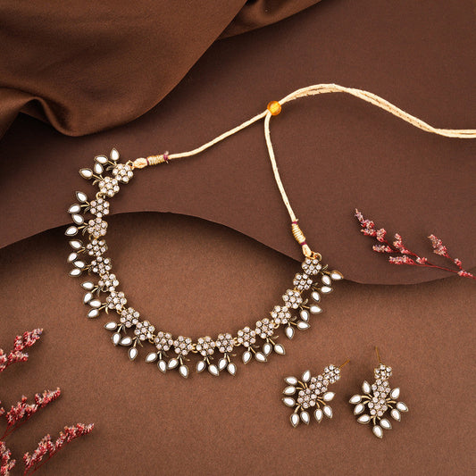 Tehzeeb Creations White Colour Pack of 1 Gold-Polished Choker Necklace Set With Earring For Women & Girls