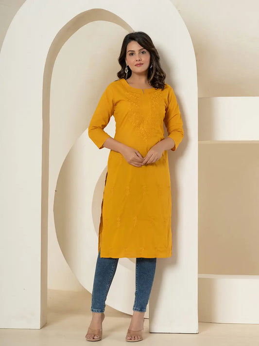 Yufta Women Mustard Chikankari Straight Kurta | Grab2Buy
