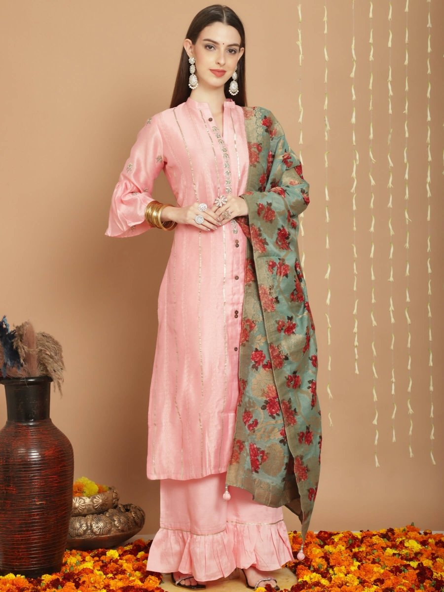 Aastha Fashion Women's Peach Chanderi Silk Elegant Jardoshi Kurta with Trouser & Dupatta - Grab2buy