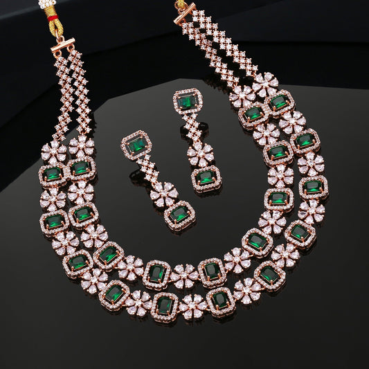 Estele Rose Gold-Polished CZ Dazzling Double Layered Designer Necklace Set with Green & White Crystals for Women | Grab2Buy