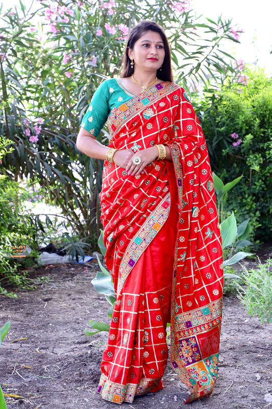 Lorenvalley Fashion Premium Red Dola Silk Embroidery and Diamond work with Jacquard Lace Border Grab2Buy