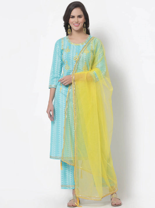 Myshka Women Turquoise Blue Layered Pure Cotton Kurti With Trousers & Dupatta