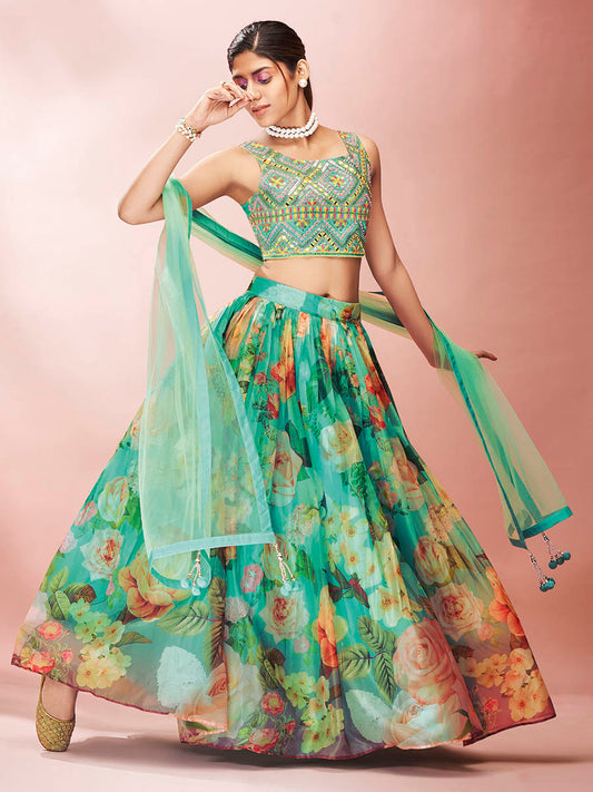 Myra Green Art Silk Embroidered Mirror Work Lehenga