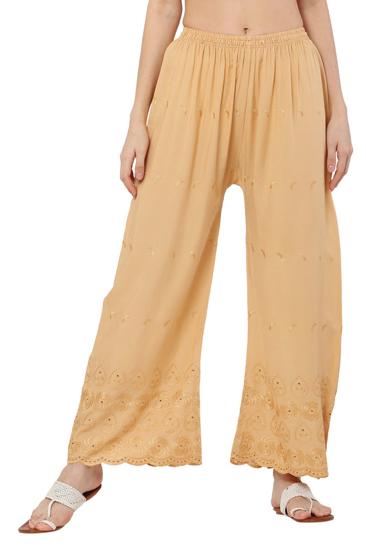 PAVONINE Beige Color Half Schiffli Chikankari Rayon Fabric Palazzo For Women