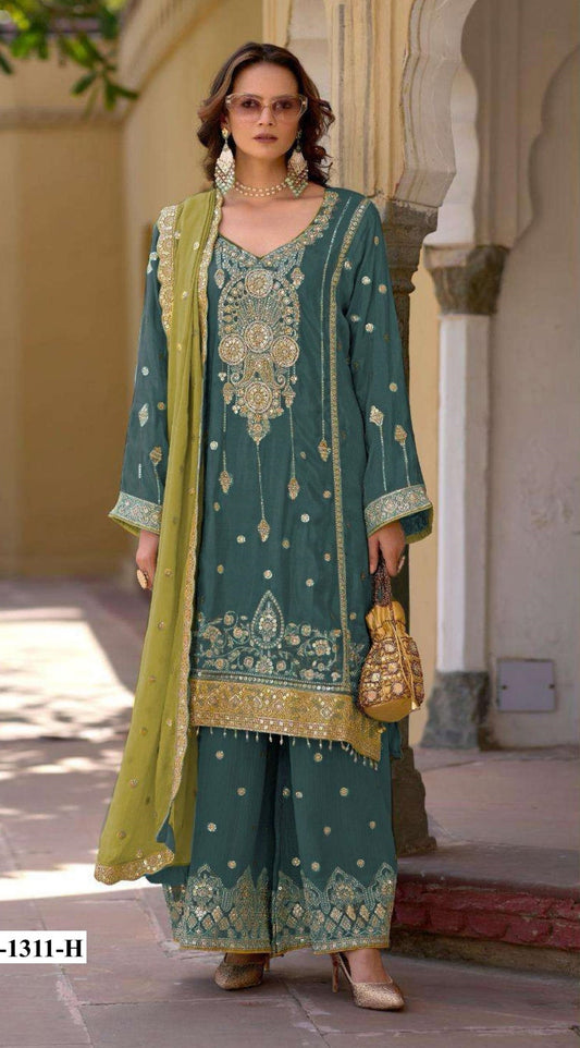 Anaita Teal Green Heavy Chinon Suit With Embroidery Bits Work