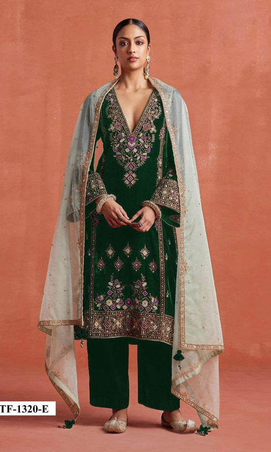 Anaita Dark Green Heavy Velvet Suit With Embroidery Work