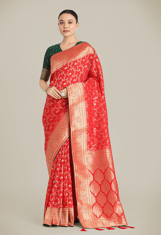 Monjolika Fashion Red Color Banarasi Silk Wedding Collection Saree | Swadesiicart