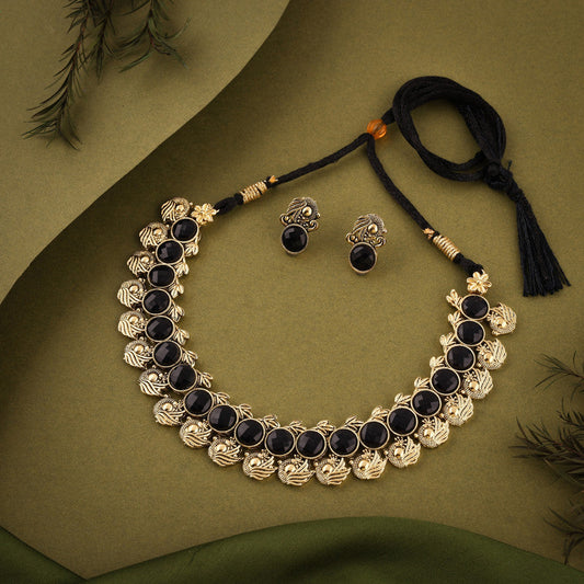 Tehzeeb Creations Black Colour Gold-Polished Stone Jewellery Choker Necklace Set With Matching Pair of Stud Earrings Tehzeeb Creations