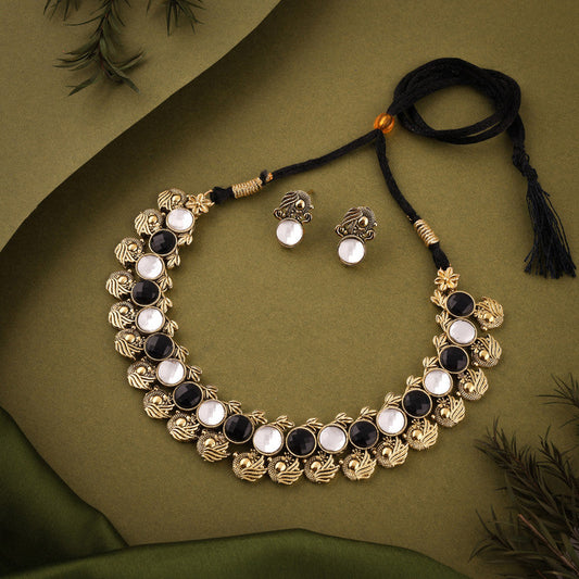 Tehzeeb Creations Black And White Colour Gold-Polished Stone Jewellery Choker Necklace Set With Matching Pair of Stud Earrings | Grab2Buy