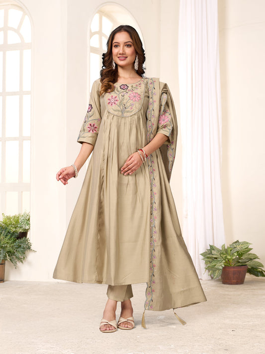 Lorenvalley Fashion Pista Viscose Roman Silk Multi Embroidery Thread With Hand Work Anarkali Kurti Pant Dupatta