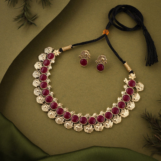 Tehzeeb Creations Maroon Colour Gold-Polished Stone Jewellery Choker Necklace Set With Matching Pair of Stud Earrings | Grab2Buy