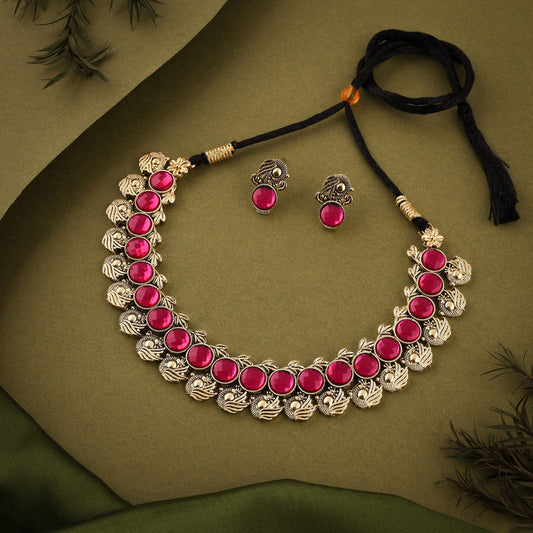 Tehzeeb Creations Pink Colour Gold-Polished Stone Jewellery Choker Necklace Set With Matching Pair of Stud Earrings