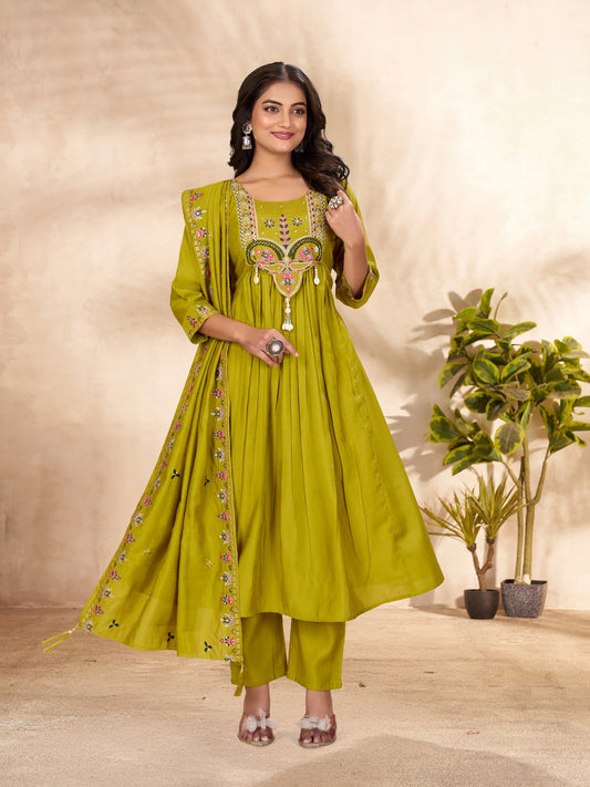 Lorenvalley Fashion Parrot Roman Silk Multi Sequence Embroidery Thread With Hand Work Anarkali Kurti Pant Dupatta