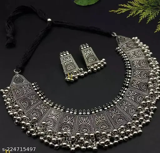 Tehzeeb Creations Women's German Silver Oxidised Necklace And Earrings Tehzeeb Creations