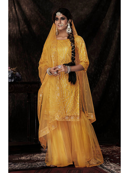 Myra Mustard Net Embroidered Sharara Suit