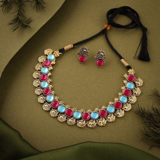 Tehzeeb Creations Sky Blue & Pink Colour Gold-Polished Stone Jewellery Choker Necklace Set With Matching Pair of Stud Earrings