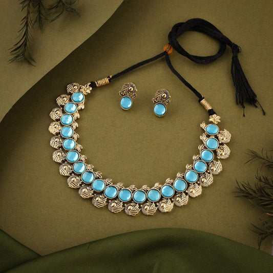 Tehzeeb Creations Sky Blue Colour Gold-Polished Stone Jewellery Choker Necklace Set With Matching Pair of Stud Earrings