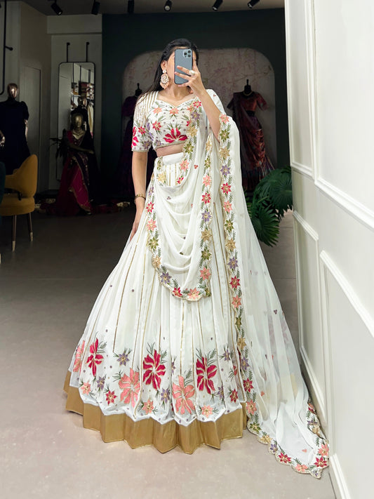 Lorenvalley White Georgette Sequins and Thread Embroidery Work with Embossed Design Lace Lehenga Choli