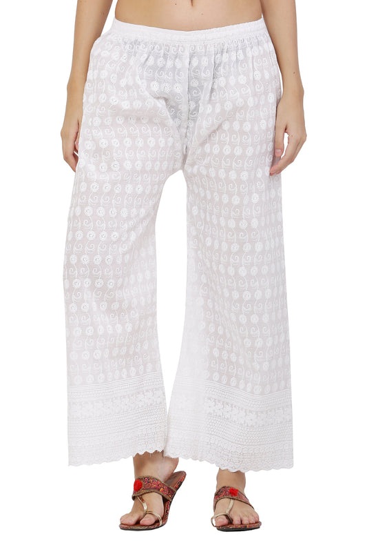PAVONINE White Color Full Chikankari Cotton Fabric Palazzo For Women