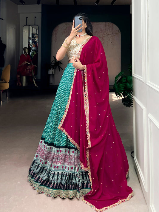 Lorenvalley Fashion Bottlegreen Rayon Bandhej and Ajarakh Print with Sequins and Thread Embroidery Lehenga Choli with Dupatta