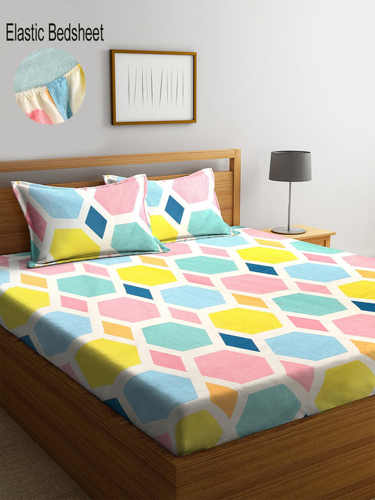 KLOTTHE Multicoloured Geometric 300 TC Fitted Double Bedsheet with 2 Pillow Covers