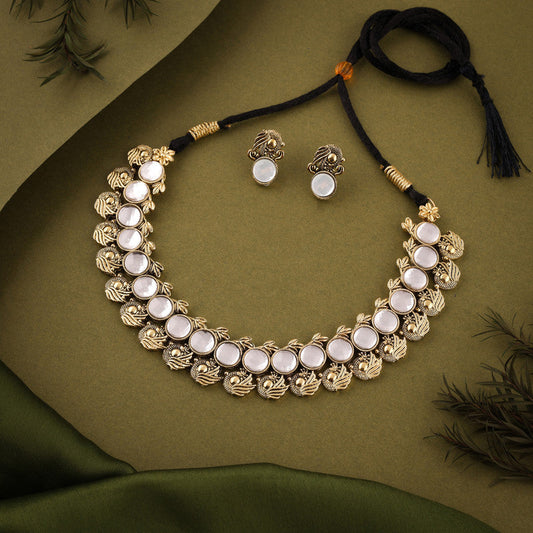 Tehzeeb Creations White Colour Gold-Polished Stone Jewellery Choker Necklace Set With Matching Pair of Stud Earrings | Grab2Buy