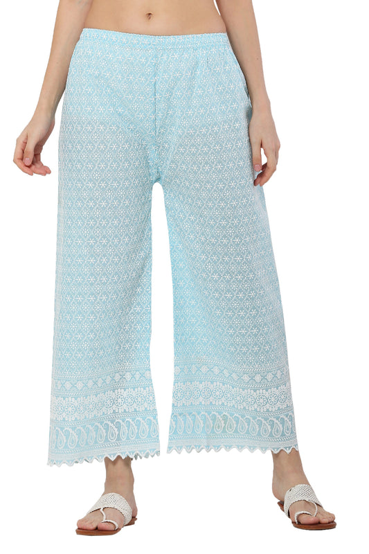 PAVONINE Rama Green Color Full Thread Chikankari Cotton Fabric Sharara For Women
