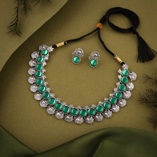 Tehzeeb Creations Silver Plated Green Colour Stone Jewellery Choker Necklace Set With Matching Pair of Stud Earrings Tehzeeb Creations