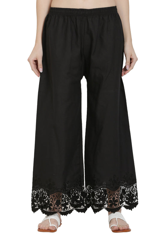 PAVONINE Black Color Chikankari Lace Scalloped Hem Cotton Fabric Sharara For Women