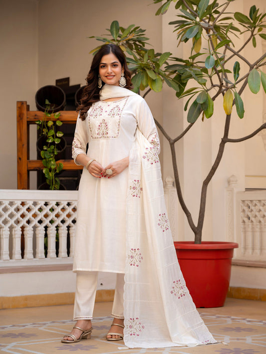 Lorenvalley Fashion White Viscose Mango Silk Multi Embroidery Sequins With Hand Work Kurta Pant Dupatta