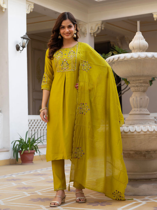 Lorenvalley Fashion Yellow Viscose Mango Silk Multi Embroidery Sequins With Hand Work Kurta Pant Dupatta