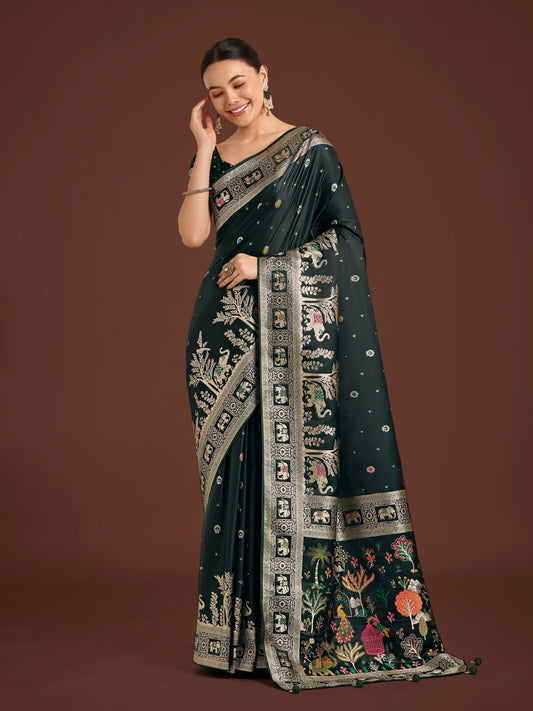 Monjolika Fashion Gorgeous Dark Green Woven Banarasi Designer Satin Silk Saree | Swadesiicart