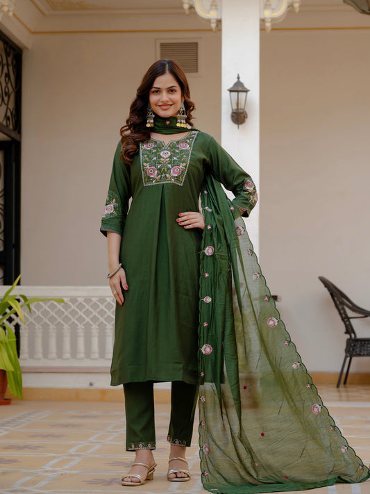 Lorenvalley Fashion Green Viscose Mango Silk Multi Embroidery Sequins With Hand Work Kurta Pant Dupatta