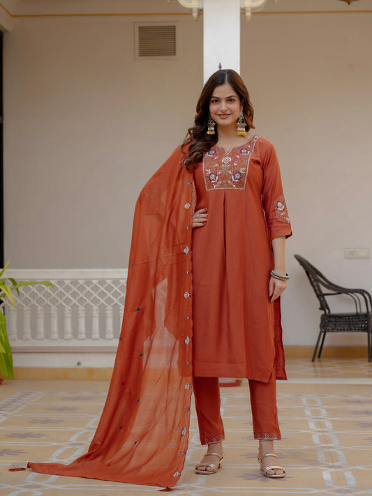 Lorenvalley Fashion Rust Viscose Mango Silk Multi Embroidery Sequins With Hand Work Kurta Pant Dupatta