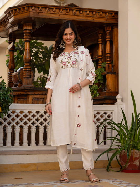 Lorenvalley Fashion White Viscose Mango Silk Multi Embroidery Sequins With Hand Work Kurta Pant Dupatta