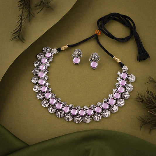 Tehzeeb Creations Silver Plated Lavender Colour Stone Jewellery Choker Necklace Set With Matching Pair of Stud Earrings Tehzeeb Creations