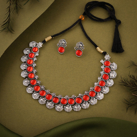 Tehzeeb Creations Silver Plated Orange Colour Stone Jewellery Choker Necklace Set With Matching Pair of Stud Earrings | Grab2Buy