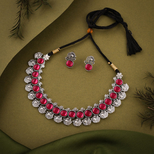 Tehzeeb Creations Silver Plated Pink Colour Stone Jewellery Choker Necklace Set With Matching Pair of Stud Earrings