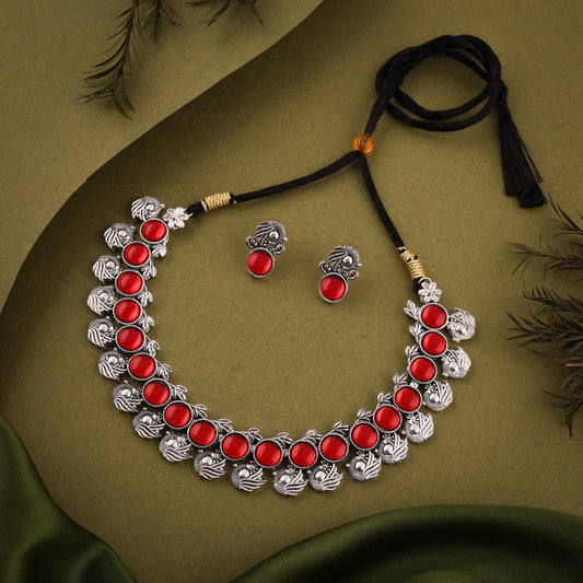 Tehzeeb Creations Silver Plated Red Colour Stone Jewellery Choker Necklace Set With Matching Pair of Stud Earrings