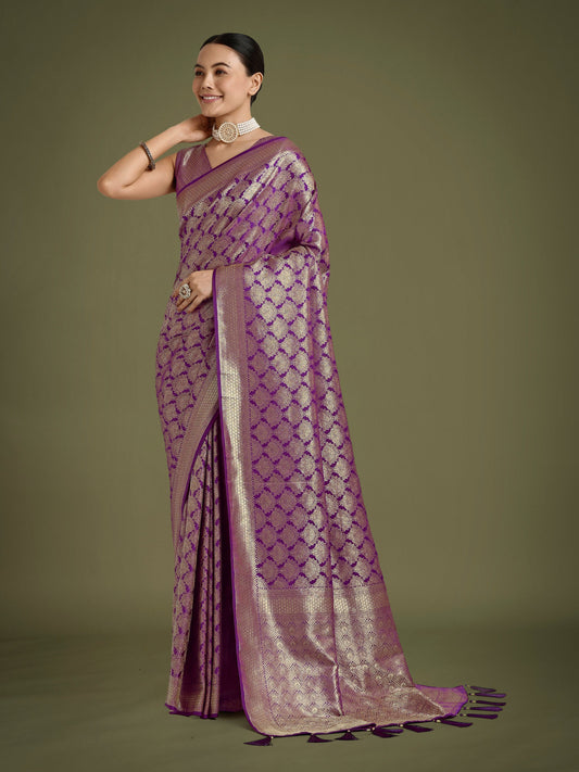 Monjolika Fashion Flattering Purple Banarasi Satin Silk Zari Weaving Work Designer Saree | Swadesiicart