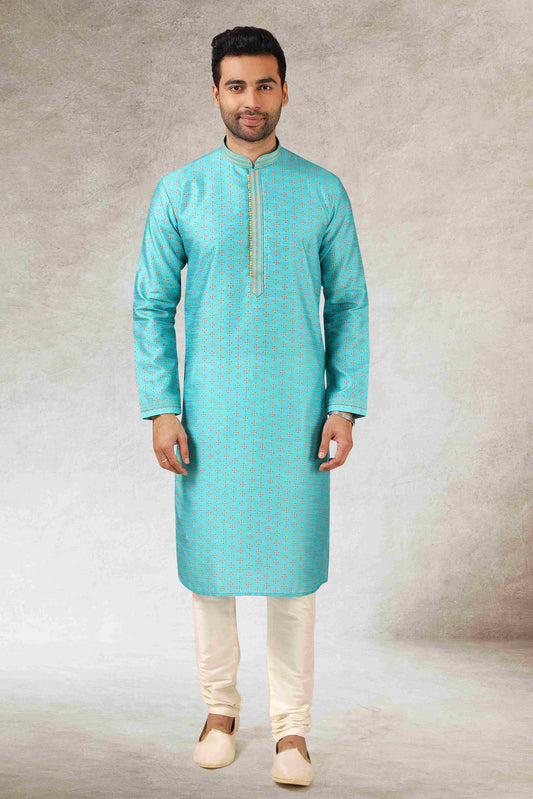 Raivat Ethnic Art Silk Printed Work Kurta Pajama In Sky Blue Colour