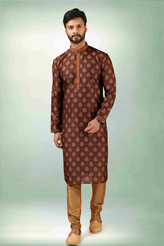 Raivat Ethnic Art Silk Printed Work Kurta Pajama In Brown Colour