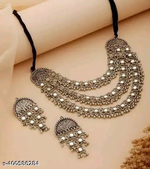 Tehzeeb Creations Women's Silver Colour Antique Necklace And Earrings With Mirror Work | Grab2Buy