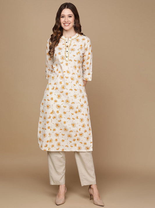 HERE&NOW Off White & Mustard Yellow Floral Printed Thread Work Sequinned Cotton Kurta