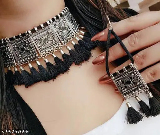 Tehzeeb Creations Women's Silver Colour Oxidised Necklace And Earrings With Black Yarn Design | Grab2Buy