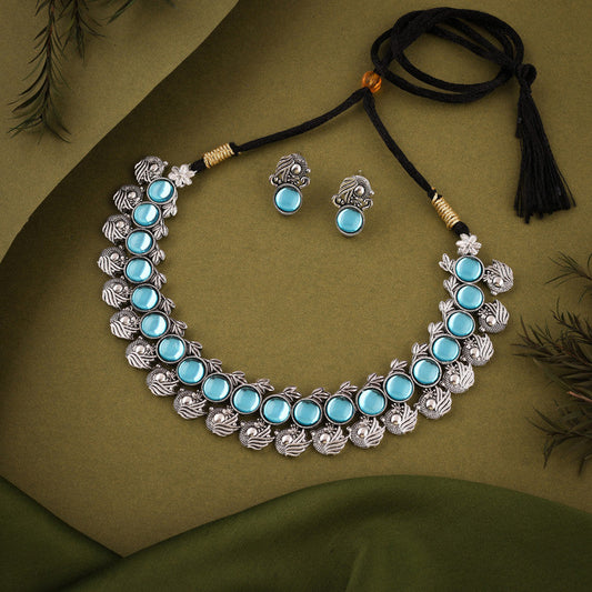 Tehzeeb Creations Silver Plated Sky Blue Colour Stone Jewellery Choker Necklace Set With Matching Pair of Stud Earrings