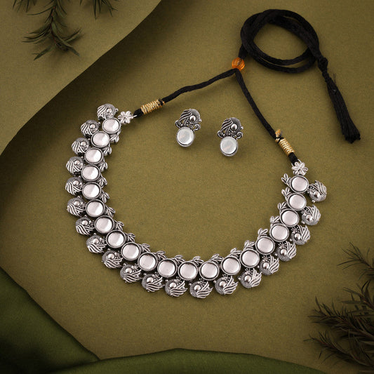 Tehzeeb Creations Silver Plated White Colour Stone Jewellery Choker Necklace Set With Matching Pair of Stud Earrings Tehzeeb Creations