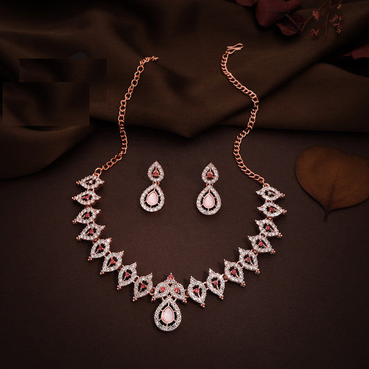 Tehzeeb Creations Pink Colour Diamond Choker Necklace Jewellery Set With Matching Pair of Earrings For Women And Girls | Grab2Buy