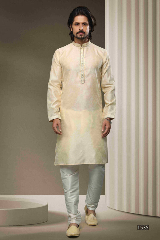 Raivat Ethnic Jacquard Silk Brocade Mirror Work Kurta Pajama In Cream Colour